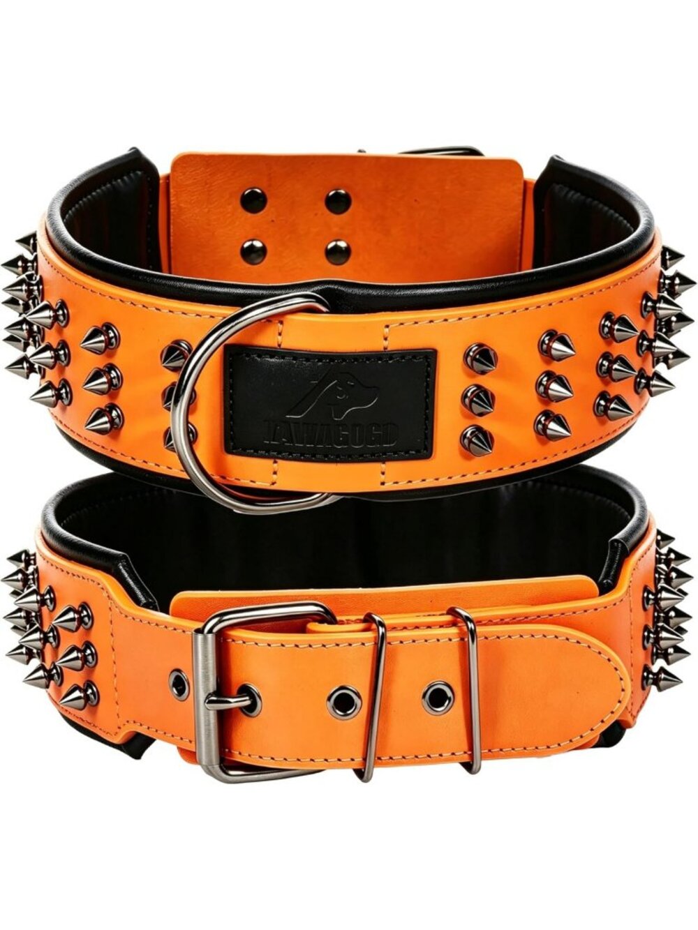 Luxury Padded Orange Spiked Genuine Leather Dog Collar - Stylish & Durable L